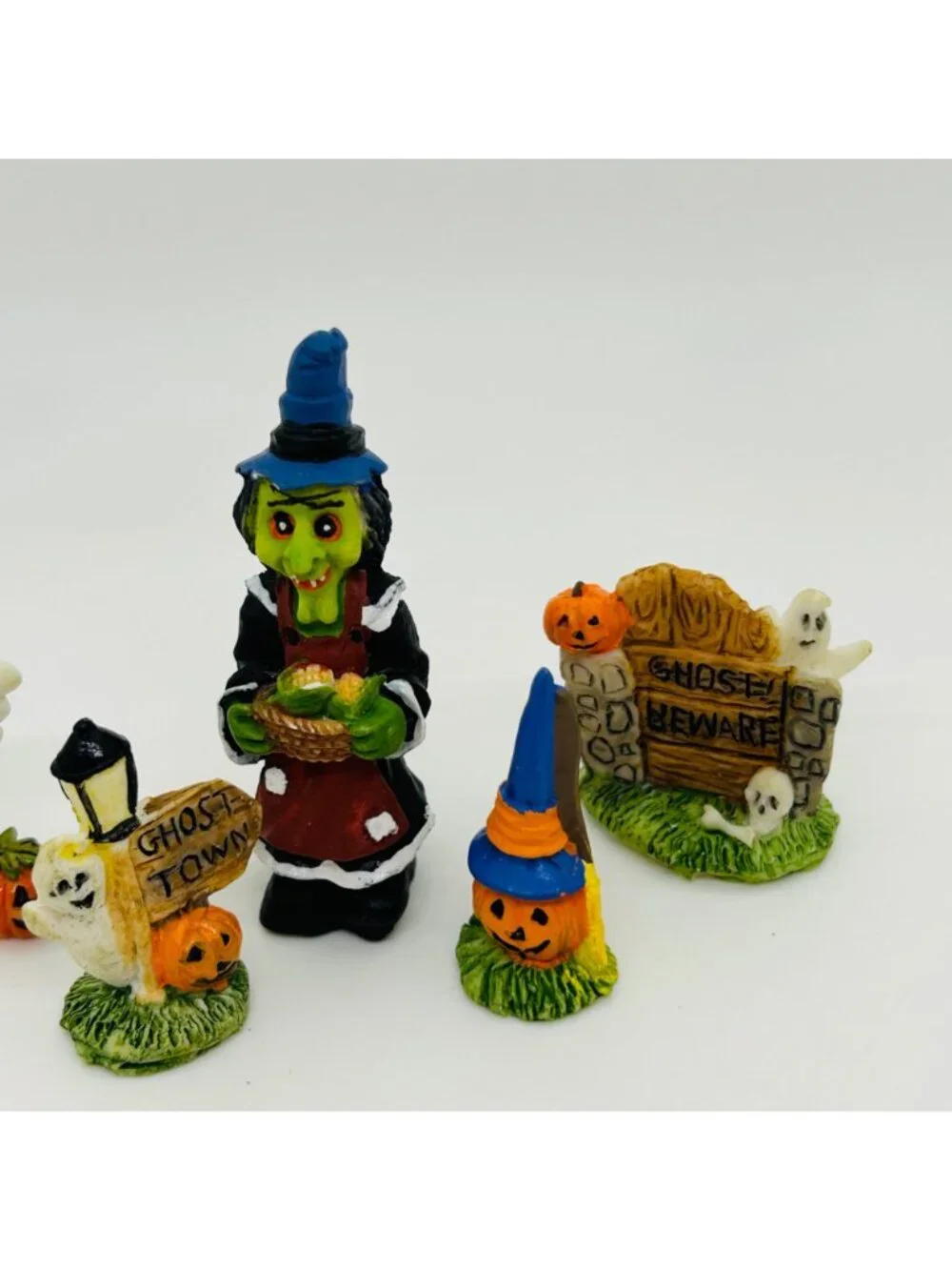 Vintage Miniature Halloween Figurine Village Sign Witch Ghost Pumpkin Tombstone